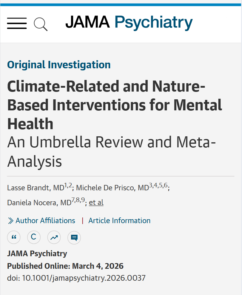 JAMAPsych's tweet photo. An umbrella review found #NatureBased interventions yield moderate improvements in tension, fatigue, confusion, and affect, but evidence for climate-related psychosocial interventions remains limited.
https://t.co/Kz5jJ3QOKI https://t.co/qIPjWPK1By