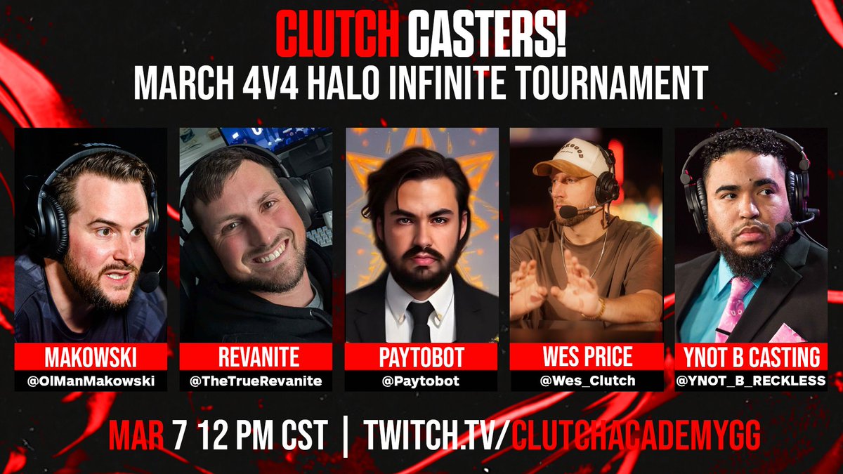 🔔We have our FITH &amp; final caster locked in for our 4v4 Infinite Draft Tournament on Saturday, March 7th!

Welcome aboard <a href="/YNOT_B_RECKLESS/">YNOT B CASTING 🎙️</a> 👏

Our other casters 🎙️
- <a href="/OlManMakowski/">Makowski</a> 
- <a href="/Wes_Clutch/">Wes Price</a> 
- <a href="/Paytobot/">Paytobot</a> 
- <a href="/TheTrueRevanite/">Kurt Bissinger</a> 

🚨 StartGG Signups have been FIXED!! If you HAVE
