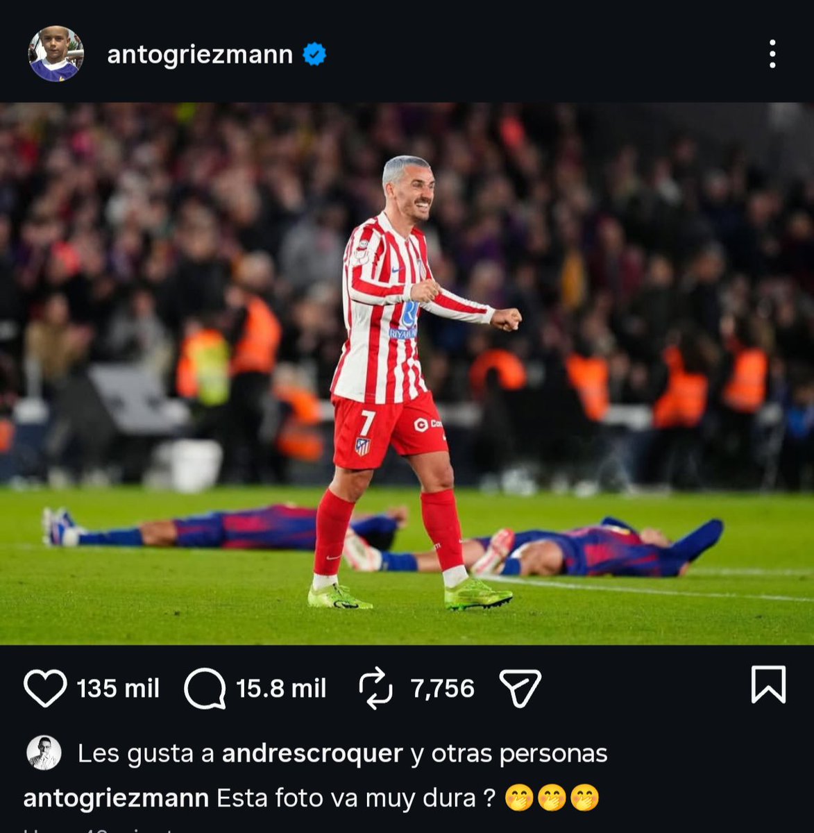 El fútbol siempre da revancha y Griezman no olvida la publicación del Barcelona el año pasado ⏮️

Ese partido habia terminado en 2-4 para Barcelona, en la famosa remontada de los 4 goles en 20 minutos🫢

▪️Venganza completada Griezman🇫🇷✅
