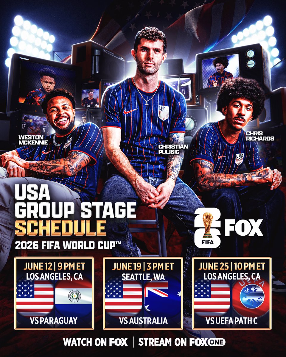 WE CAN'T WAIT TO SEE THE <a href="/USMNT/">U.S. Soccer Men's National Team</a> IN ACTION AT THE 2026 FIFA WORLD CUP 🇺🇸 

The Stars and Stripes kick off their campaign 100 days from today vs Paraguay in Los Angeles on June 12th, 2026!
