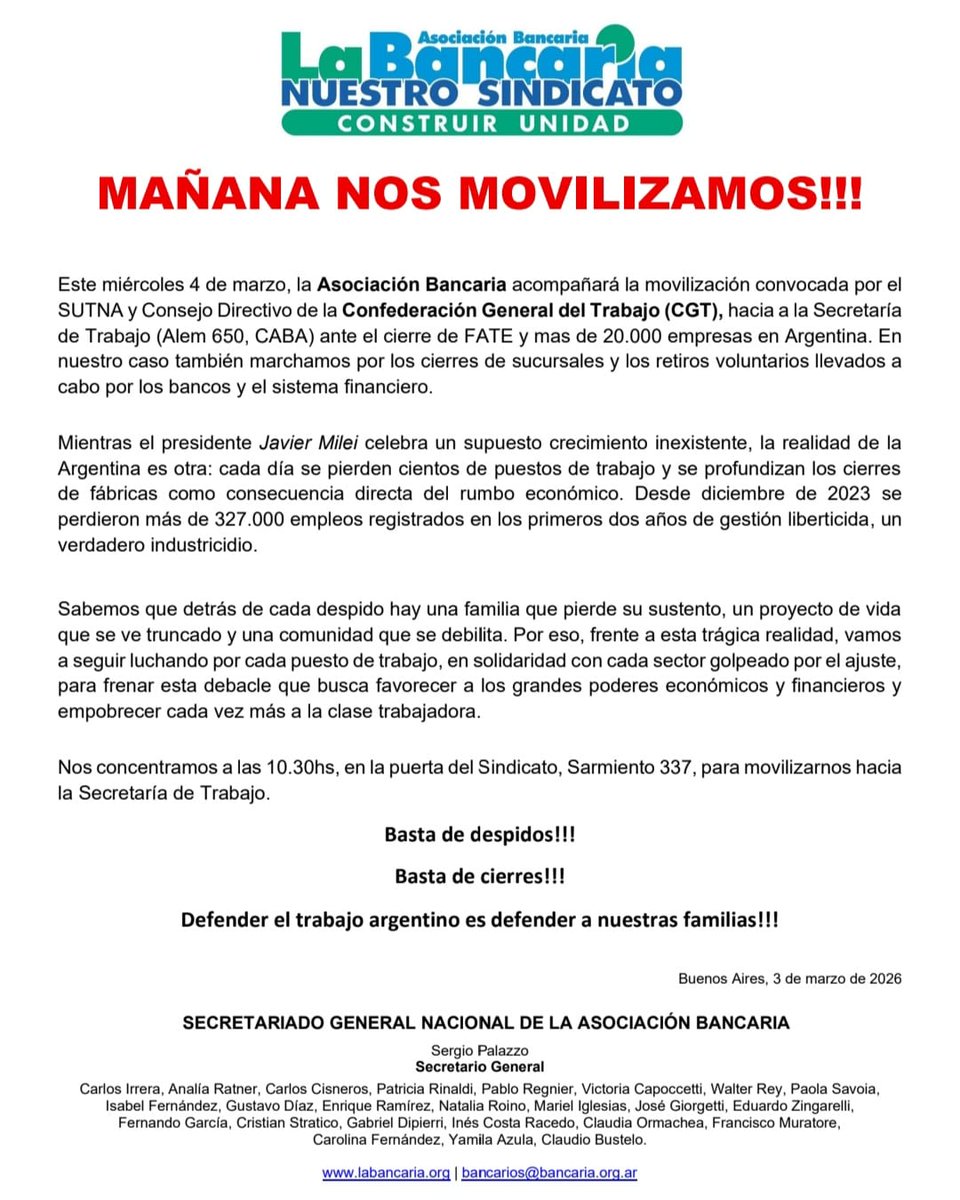 ¡MAÑANA NOS MOVILIZAMOS!

Este miércoles 4, la Asociación Bancaria acompañará la movilización convocada por el SUTNA y <a href="/cgtoficialok/">CGT</a> , hacia la Secretaría de Trabajo (Alem 650, CABA) ante el cierre de FATE y más de 20.000 empresas en Argentina.

Nota → tinyurl.com/89rn2m5j