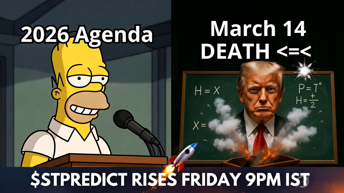 trumpdieson14's tweet photo. 2026 Agenda vs Pi Day DEATH—Homer Trump explodes, $STPREDICT blasts to Raydium FRIDAY 9PM IST! 💀🚀 

Simpsons never wrong... or are they ?👀
#SimpsonsPredict #PiDayMeme #TrumpMeme #STPREDICT #PumpFun #SolanaMemes #MemeCoin https://t.co/iOsxhVyRfn