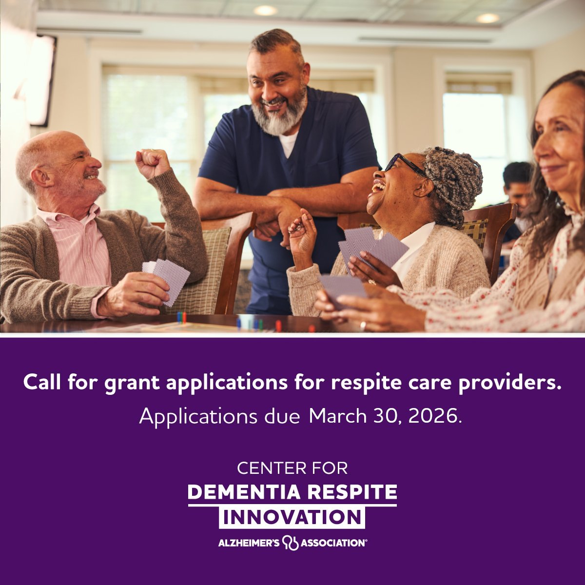 alzassociation's tweet photo. This winter, the Alzheimer's Association Center for Dementia Respite Innovation will provide grants totaling $4M to respite providers to enhance respite care for dementia caregivers. Providers can apply at https://t.co/bW78eV9zbc. https://t.co/QuAgVPX9sw