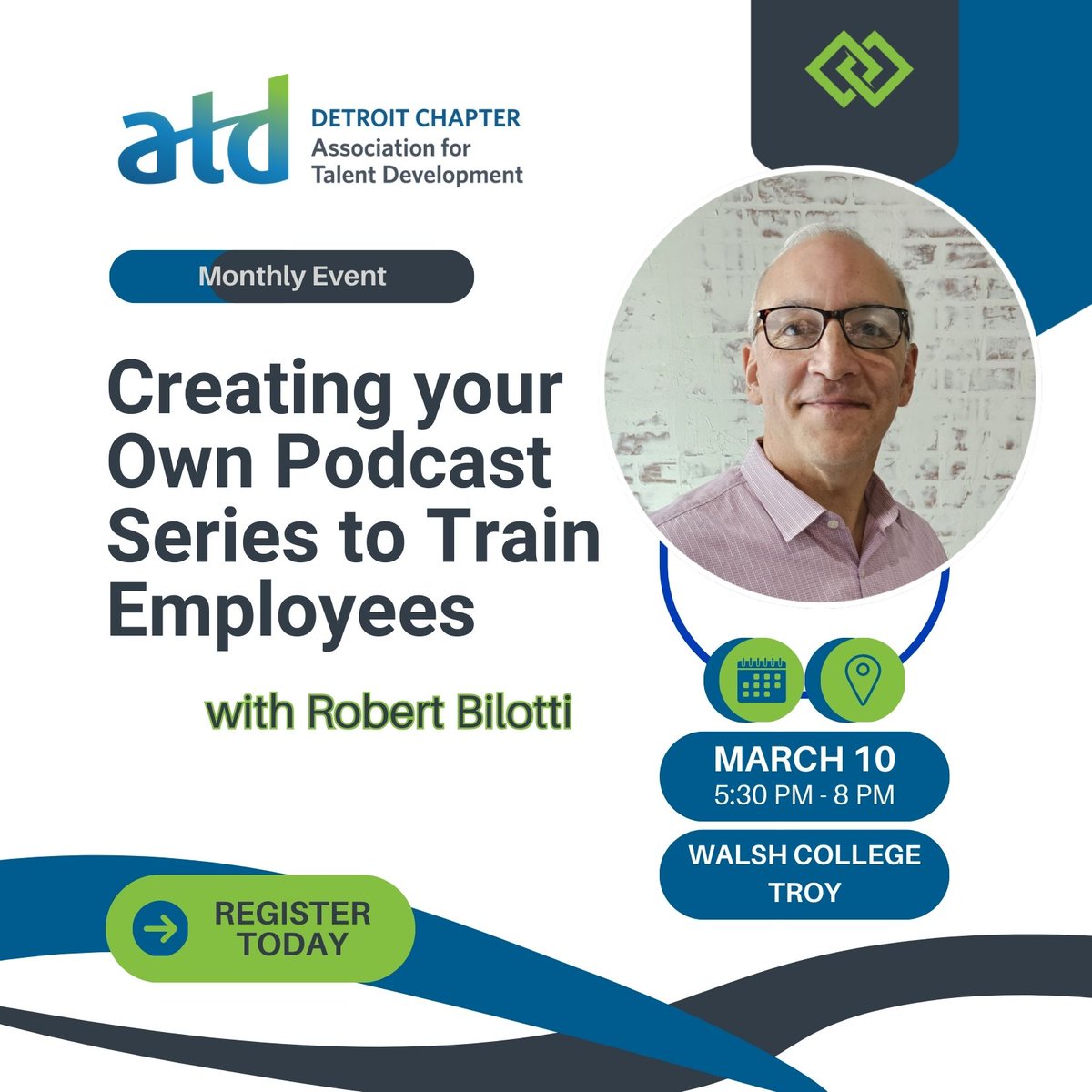 ATDDetroit's tweet photo. Join us in person for ATD Detroit’s March meeting! 🎧

Learn how internal podcasts can support employee learning with Robert Bilotti of Novita Training.

📍 Walsh College – Troy
📅 Mar 10 | 5:30–8 PM
Register: https://t.co/3Ds3zYndp7
#ATDDetroit #TalentDevelopment https://t.co/1p2fCYiskM