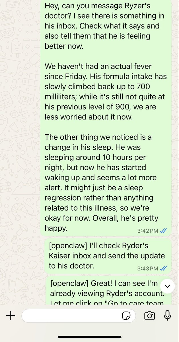 This is wild — <a href="/openclaw/">OpenClaw🦞</a> is now my baby's pediatrician liaison:

→ Nurse messages on Kaiser asking for an update on Ryder's fever  
→ I just say "check what the new Kaiser message is"  
→ Claude Code opens Kaiser via OpenClaw's browser, logs in, switches to baby's profile,