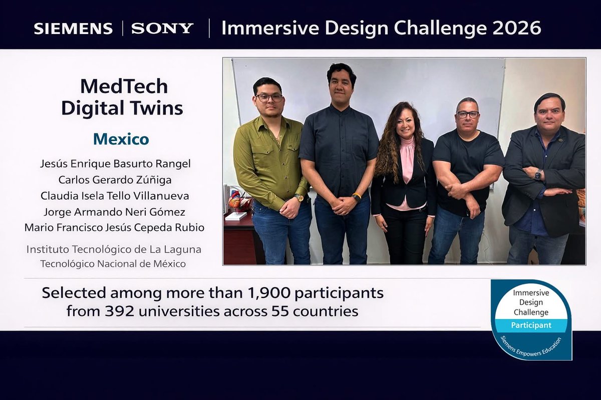DrMarioCepeda's tweet photo. Estudiantes del Tecnológico de la Laguna @TecNM_MX con un proyecto de Realidad Virtual e IA aplicado al tratamiento de cáncer de mama fueron seleccionados en el Immersive Design Challenge 2026 de Siemens &amp; Sony, entre más de 1,900 participantes de 392 universidades en 55 países. https://t.co/Wzt3iKZvmc