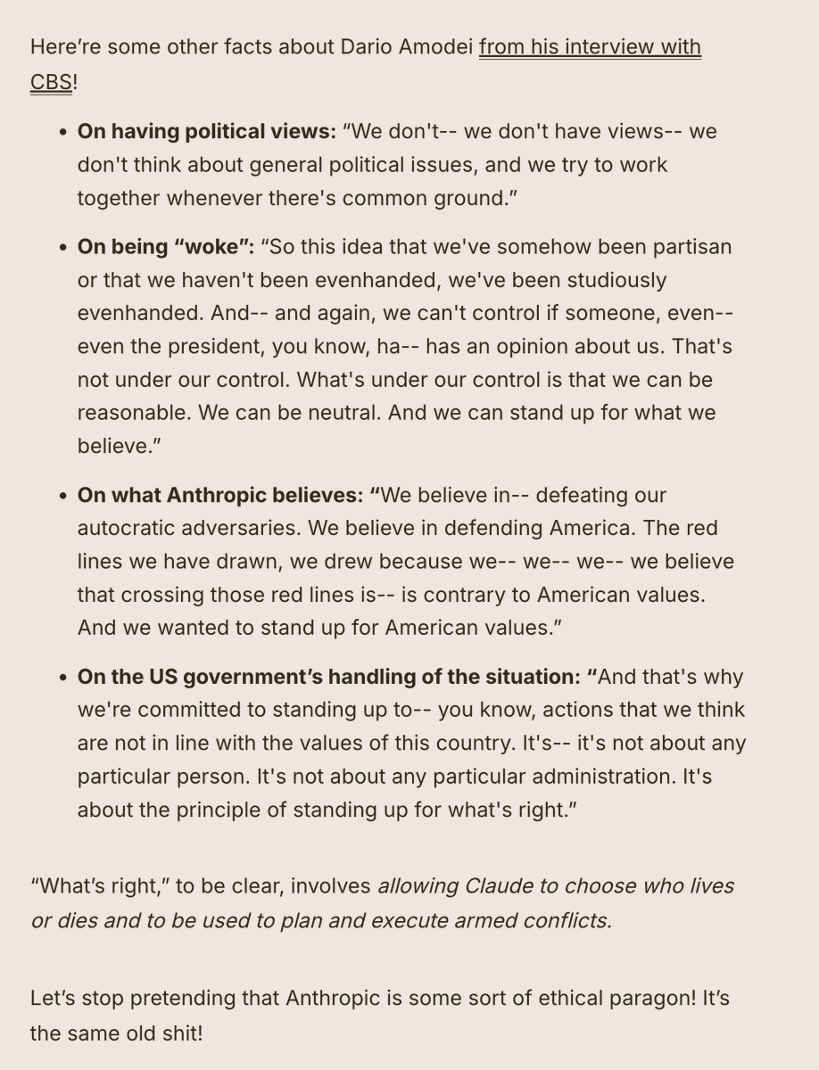 The thing about Anthropic's surge of public support that surprises me is that Dario Amodei is fully supportive of war and "defeating autocratic adversaries," and Anthropic is being used in Iran as we speak. People are acting otherwise, it's so strange!
wheresyoured.at/the-ai-bubble-…
