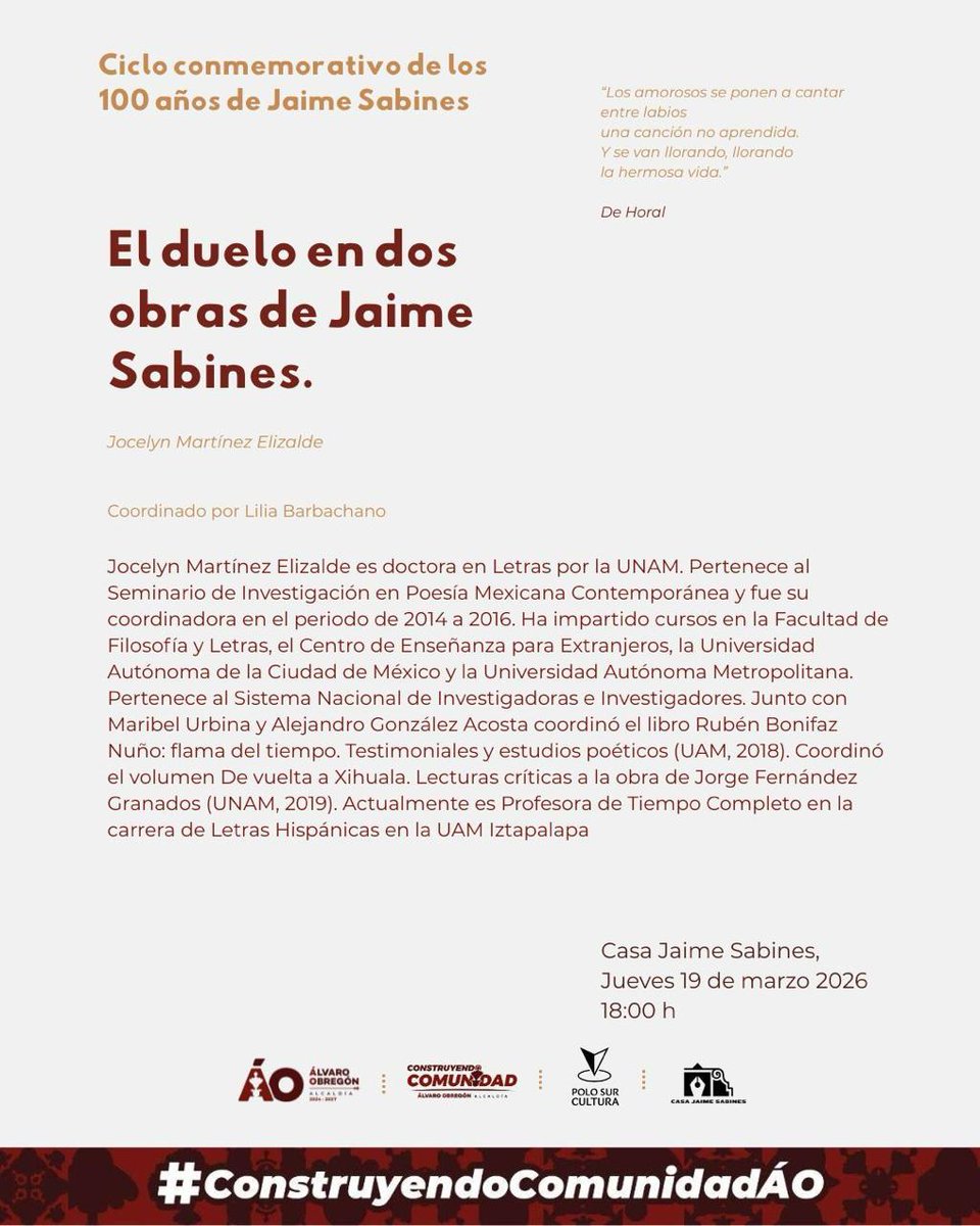 Un resplandor visible
Conversaciones por los 100 años del nacimiento de Jaime Sabines
#sabines100años
👉Casa Jaime Sabines. 
📍Av. Revolución 1747, San Ángel, Álvaro Obregón, 01000 Ciudad de México, CDMX
🗓️Marzo 2026, 18:00 horas.
Programa #Marzo2026 #EntradaLibre <a href="/pdepoesia/">Periódico de Poesía</a>