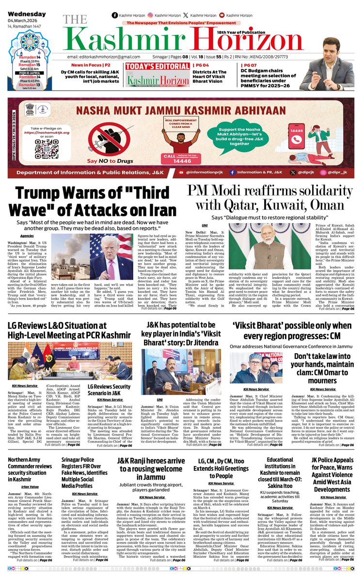 Pages Of Today's Print Edition Of Kashmir Horizon. For Regular Updates Please Visit Us At thekashmirhorizon.com