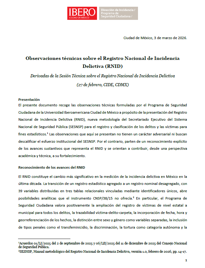 ErnestoLPV's tweet photo. 1⃣

Derivado de la sesión convocada por el @SESNSP realizada el pasado 27 de febrero en las instalaciones del Centro de Investigación y Docencia Económicas, el @PSC_IBERO @IBERO_mx da a conocer la siguiente opinión técnica. https://t.co/xOjtewFjw3