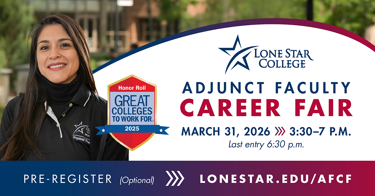 lonestarcollege's tweet image. Ready to teach. Inspire. Make an impact? 🎓✨

Lone Star College System Adjunct Faculty Career Fair
📅 March 31, 2026 | ⏰ 3:30–7 PM (last entry 6:30 PM)

Industry pros &amp;amp; educators — your expertise belongs in the classroom.

🔗 lonestar.edu/AFCF

#OneLSC #AdjunctFaculty