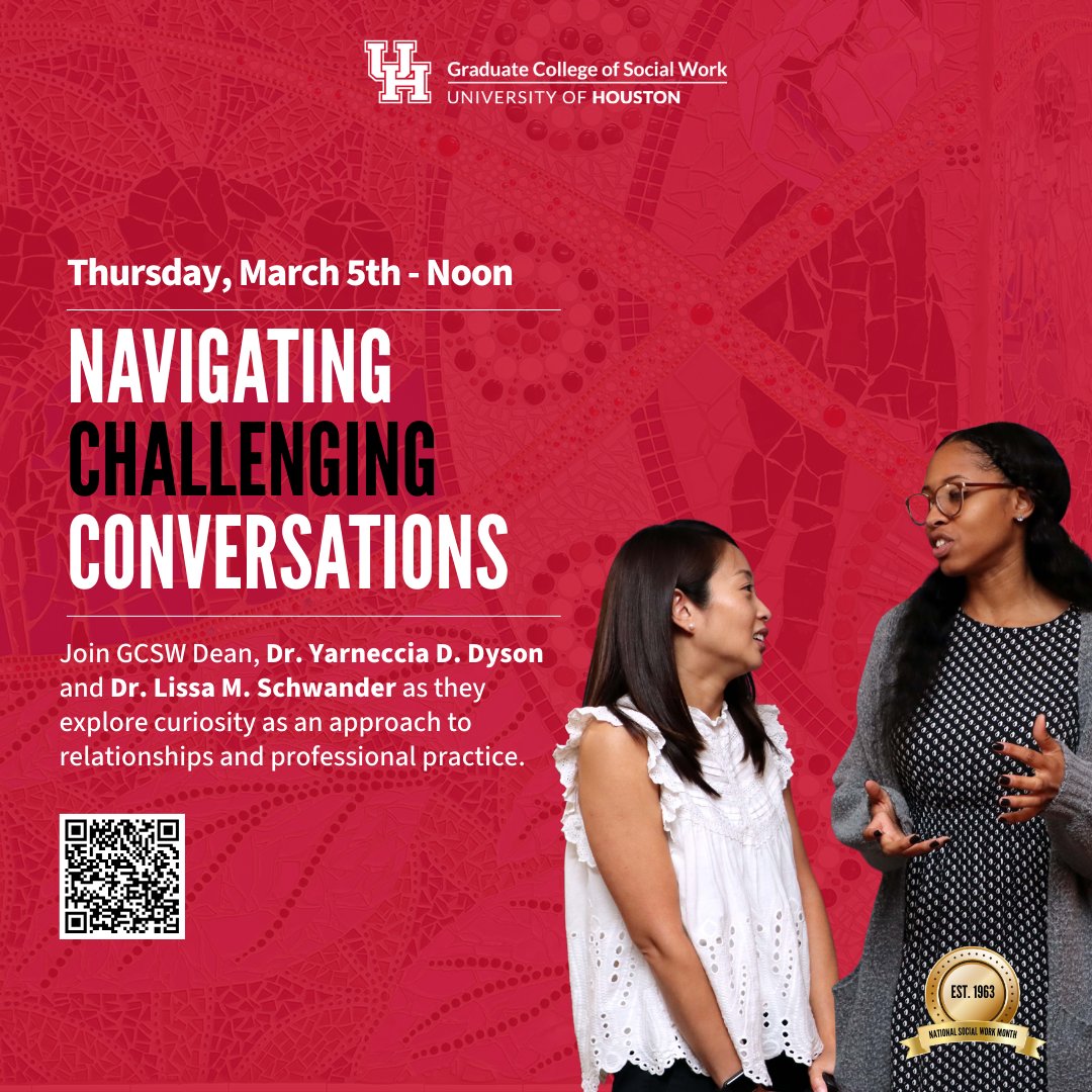 UH_SocialWork's tweet photo. Learn from GCSW Dean Yarneccia D. Dyson @UH_GCSWDean and Central Michigan University's Dr. Lissa Schwander how curiosity can be applied to professional relationships. #UHGCSW #UHSocialWork #ChartingOurPathtoExcellence https://t.co/GDmFMOe2VX