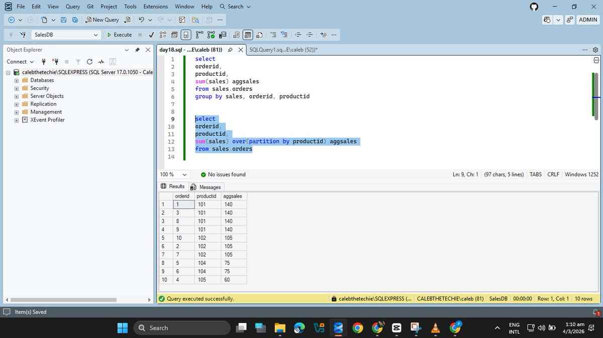 buildwithprecio's tweet photo. Day 18/365 of Data Engineering ✅   today i learnt about the aggregate Functions and windows function extensively. Also learnt aboru  ur bathe use cases of the windows function and the group by use cases. finally I concluded with the tests #365DaysOfDE #SQL #DataEngineering https://t.co/tS2pamxVG1
