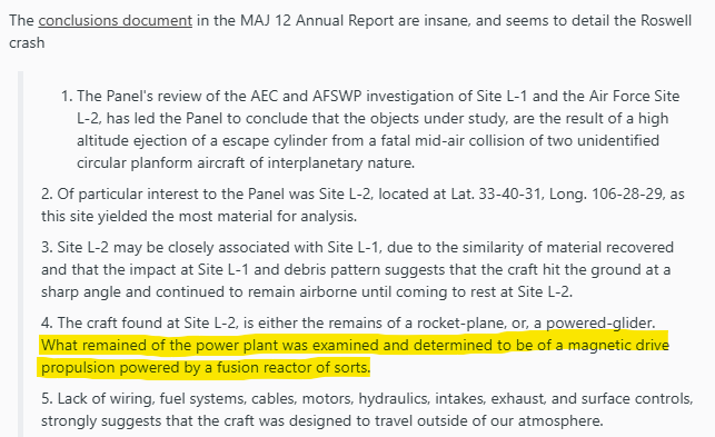 AshtonForbes's tweet photo. The MJ12 documents (UFO coverup) have reportedly been confirmed to be real via matching identification numbers.

Of note in the documents is finding #4, which claims the power source of the UFOs is a "magnetic drive propulsion powered by a fusion reactor."