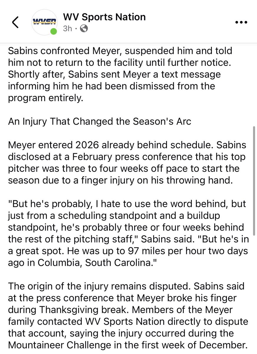 Read the full story on wvsportsnation.com 

According to sources close to Chase Meyer, he and several teammates were talking in the locker room when WVU Baseball Head Coach Steve Sabins overheard players criticizing some of the coaching staff's in-game decisions and
