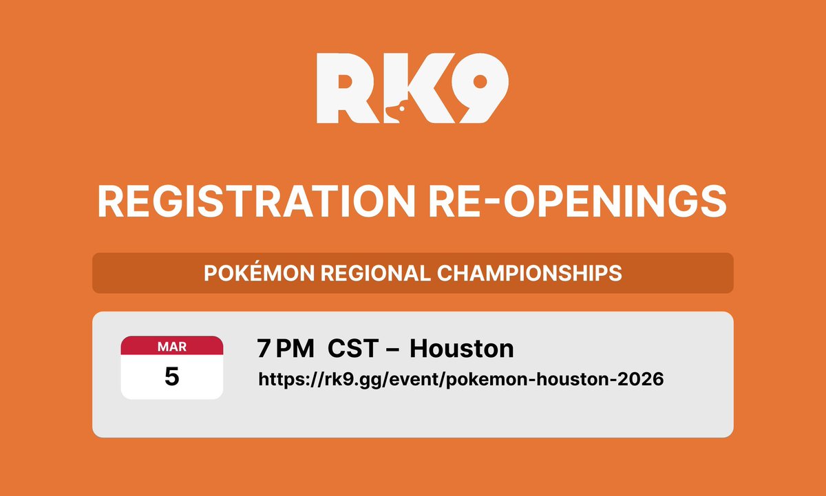 Attention #PlayPokemon competitors: there will be a limited re-opening for the Houston Regional Championships this Thursday!
