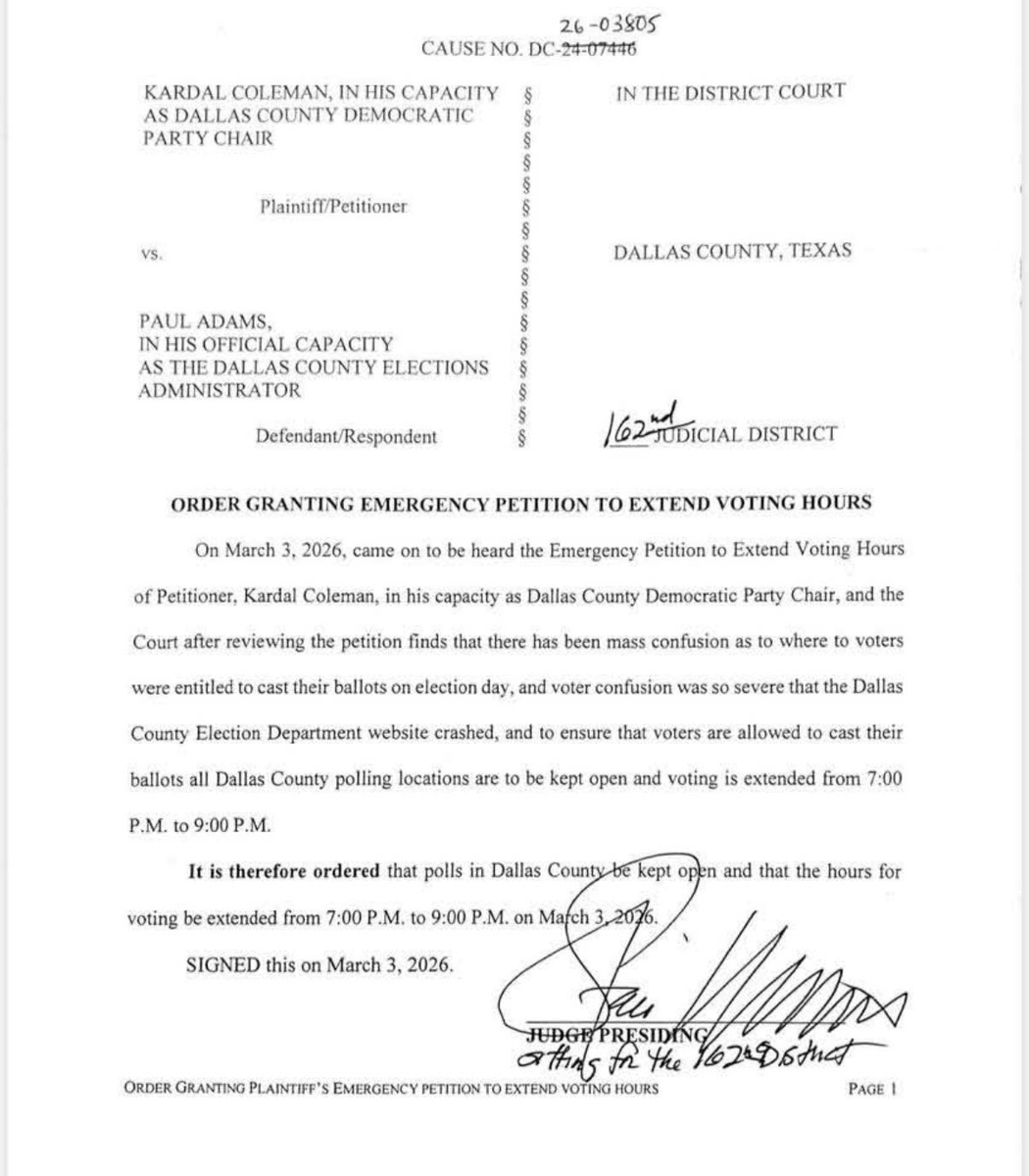 DecisionDeskHQ's tweet image. A judge has extended the voting period in Dallas County until 9 p.m. CT, a two-hour extension after confusion among many voters regarding their polling locations. #TXSen