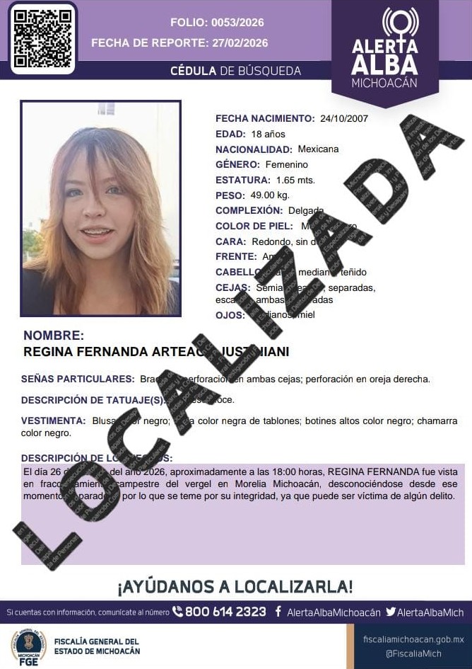 AlertaAlbaMich's tweet photo. 🟣📢 Informamos que REGINA FERNANDA ARTEAGA JUSTINIANI ha sido localizada. Gracias por tu apoyo. #AlertaAlba #AlertaAlbaMichoacán #FGEMich @BotDesaparecidx https://t.co/GqlRLkMf7v