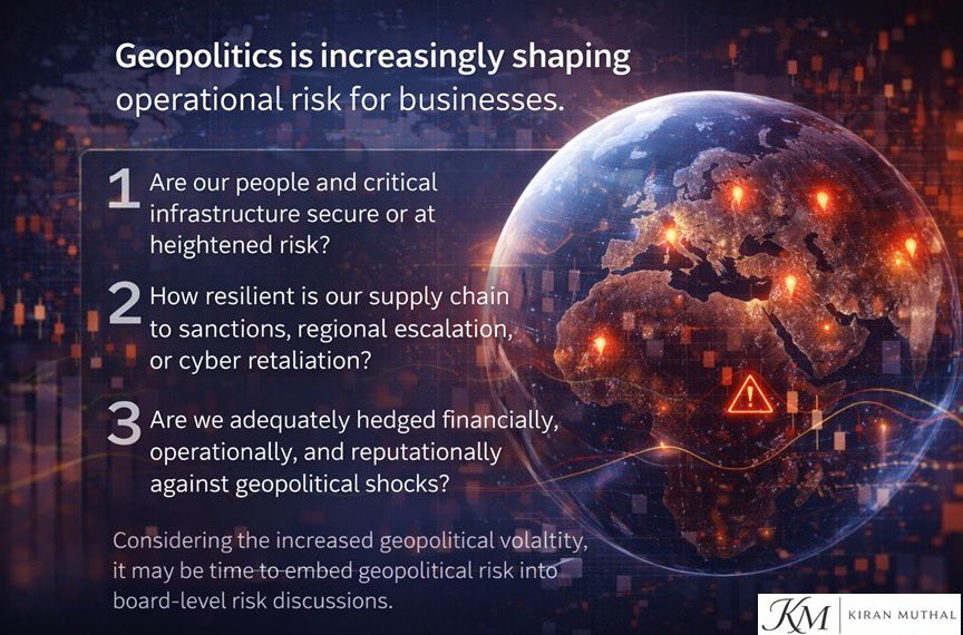 KiranMuthal's tweet photo. What once appeared as distant political developments can quickly translate into supply chain disruption, financial exposure, and security concerns across sectors. Here are top three questions CEOs and boards should be asking their teams. 

#BusinessContinuity https://t.co/8EmyVrSw2w