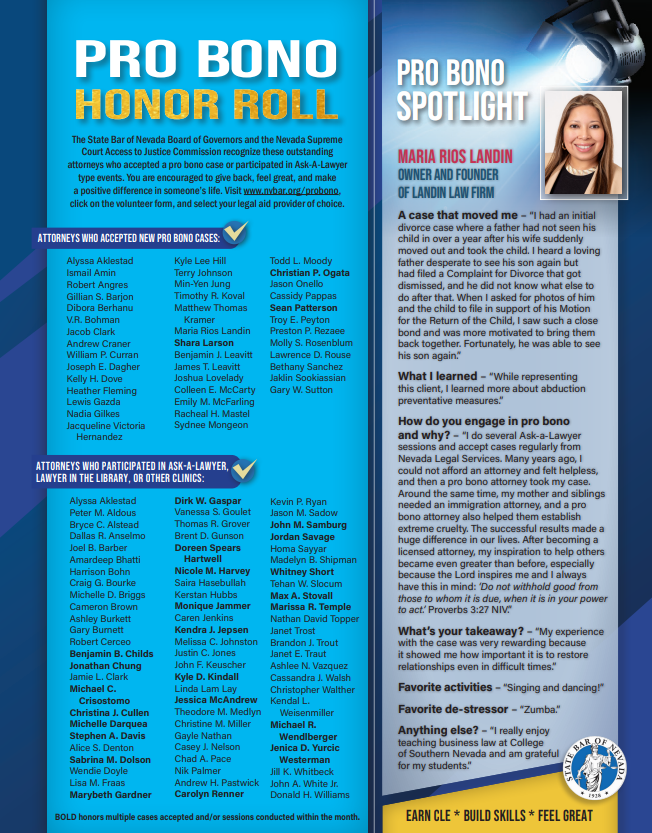 NevadaATJ's tweet photo. Want to join this list? Volunteer for the Section Pro Bono Challenge.  https://t.co/zQdPzVfHwK And check out the full list and Spotlight on Maria Rios Landin here - https://t.co/WPXjtHqNNI https://t.co/aGtIwGuCkq