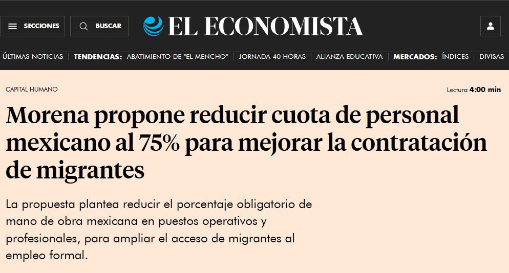 🔴 PREPÁRESE PARA QUE LO CORRAN DE SU TRABAJO 👷 PARA CONTRATAR A UN CUBANO 🇨🇺 QUE COBRE LA MITAD: MORENA QUIERE REDUCIR LA CUOTA DE MEXICANOS EN LOS TRABAJOS PARA PERMITIR QUE CONTRATEN MÁS MIGRANTES ⚠️🇲🇽

Mientras el país enfrenta bajo crecimiento, 📉informalidad persistente y
