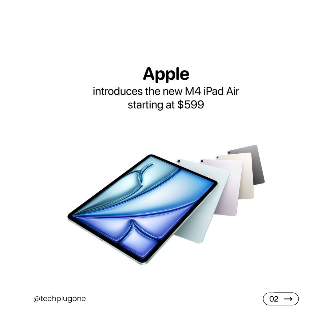 techplugone's tweet photo. Apple's M4 iPad Air is HERE! 🤯 $599 for the 11”, $799 for the 13”. Orders open TODAY.
#TechPlugOne #Apple #iPadAir #M4Chip #AppleIntelligence #iPadOS #NewiPad #TechNews #FYP #Viral https://t.co/XYkS8PvNm3