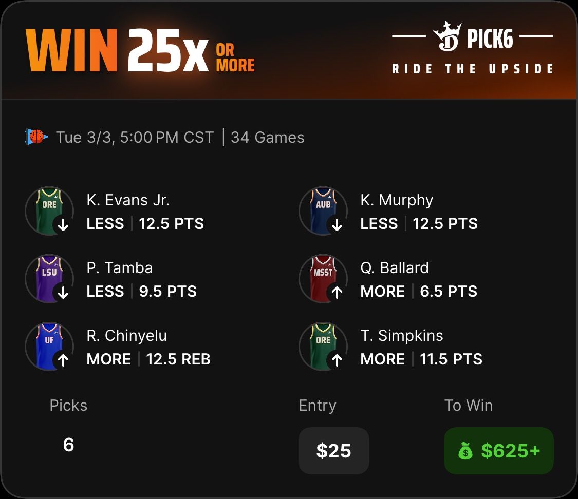 DraftKings Pick6 NCAAB slip built live on stream by <a href="/mrnoodlenoseTC/">Cic | +EV Betting</a> 🎯
