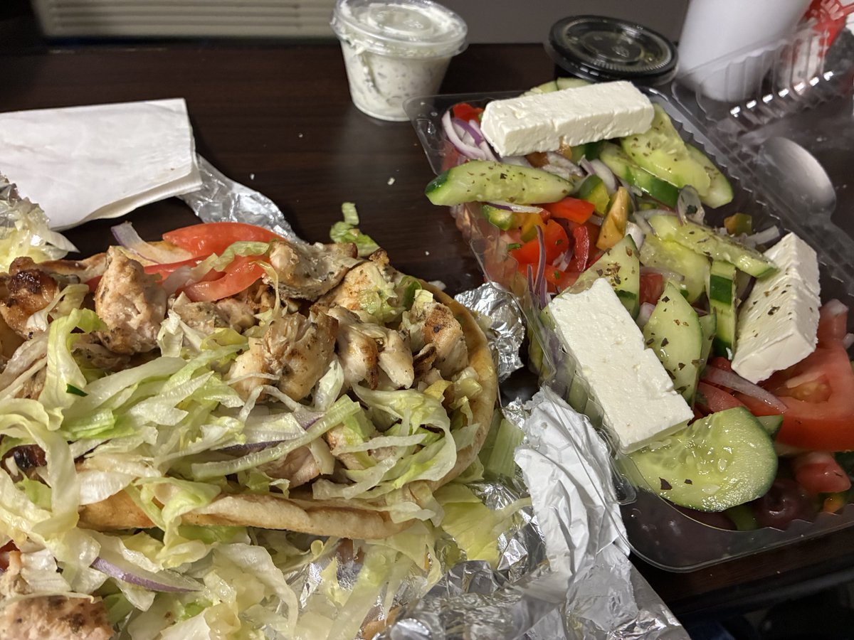 petegenovese's tweet photo. After several weeks of horrible rehab center food, I get to feast. Chicken souvlaki pita, horiatiki salad, Kostas Grill, Tuckerton. One of NJ’s best Greek restaurants https://t.co/2h6Q7tU2V0
