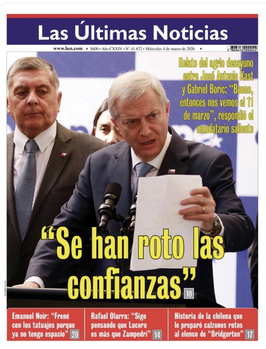 Si tuviéramos una prensa con ética, el titular sería:

¡ KAST MINTIÓ !

Reconoció que Boric le comentó lo del cable Chino y las presiones de USA.

Pero el titular es otro, el monopolio de prensa de derecha maneja el relato a su antojo, lustrando los cocos de Kast.

VOMITIVO <a href="/lun/">Las Últimas Noticias</a>