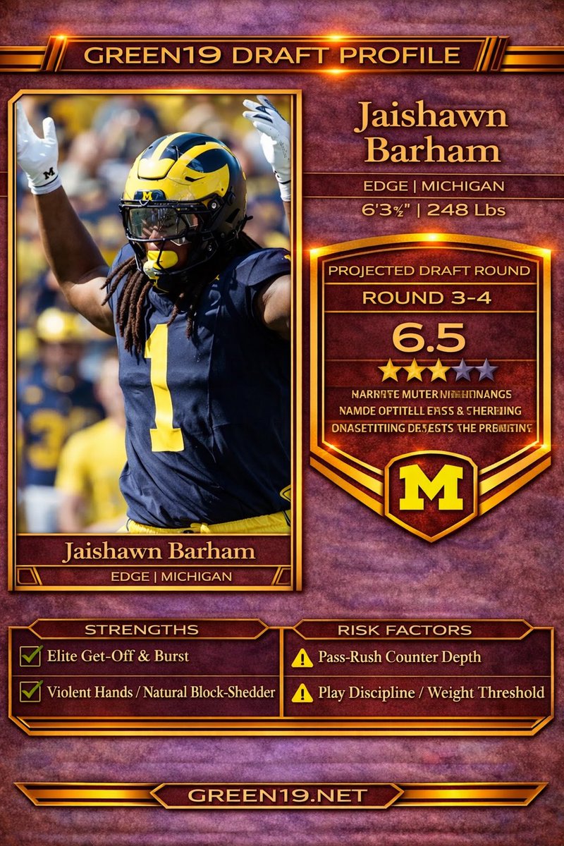 Jaishawn Barham 2026 Draft Profile: Explosive Edge-Convert with Elite "Get-Off" &amp; Violent Hands; Prototypical Size for a Developmental D-End with NFL Starter Upside

#NFLDraft #NFL #Draft #Michigan 

green19.net/news/jaishawn-…