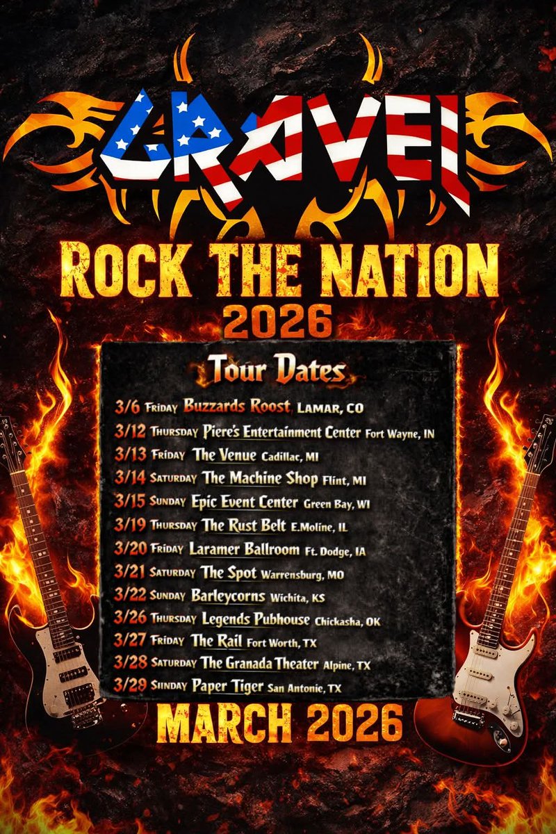 GravelGFR's tweet image. Hit follow on the GRAVEL page, tag your crew, and let’s pack the Roost like it owes us money. 🤘🔥
#GRAVEL #Riverbottom #LamarColorado #TheBuzzardsRoost #ColoradoRock #HardRock #LiveMusicColorado #RockShow #Concert #SupportVenues #RockNRollNight #MarchMusicMadness