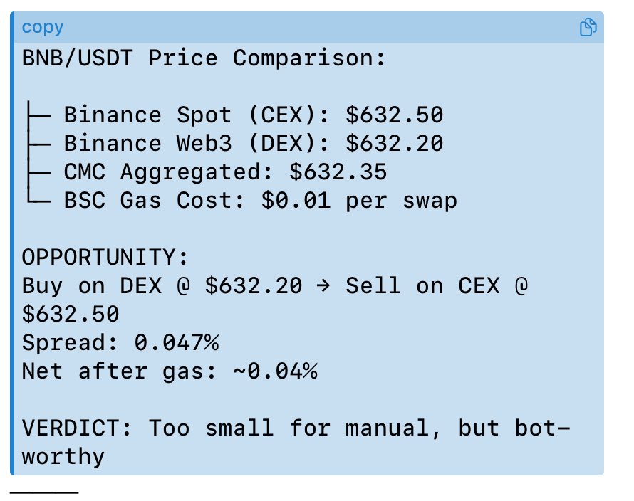 币安的 AI Agent Skills 昨夜里上了
有一些工作室要凉凉了
比如做 CEX 和 DEX 价差套利的那些

<a href="/binancezh/">币安Binance华语</a> 这套  AI Agent Skills 核心钱包 + 中心化交易一套打通

大众用 AI 就能 CEX 和 DEX 价差套利