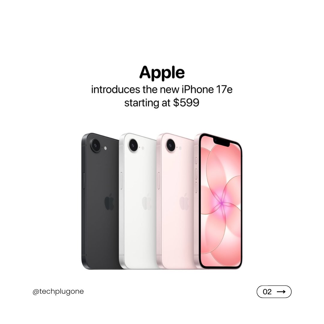 techplugone's tweet photo. The Apple's new iPhone 17e is here! A19 chip, 256GB base storage, and a beautiful Soft Pink finish for $599. Order today, March 4!
#TechPlugOne #iPhone17e #Apple #A19Chip #SoftPink #NewiPhone #MagSafe #TechNews #AppleIntelligence https://t.co/JVNo9bi0Ah