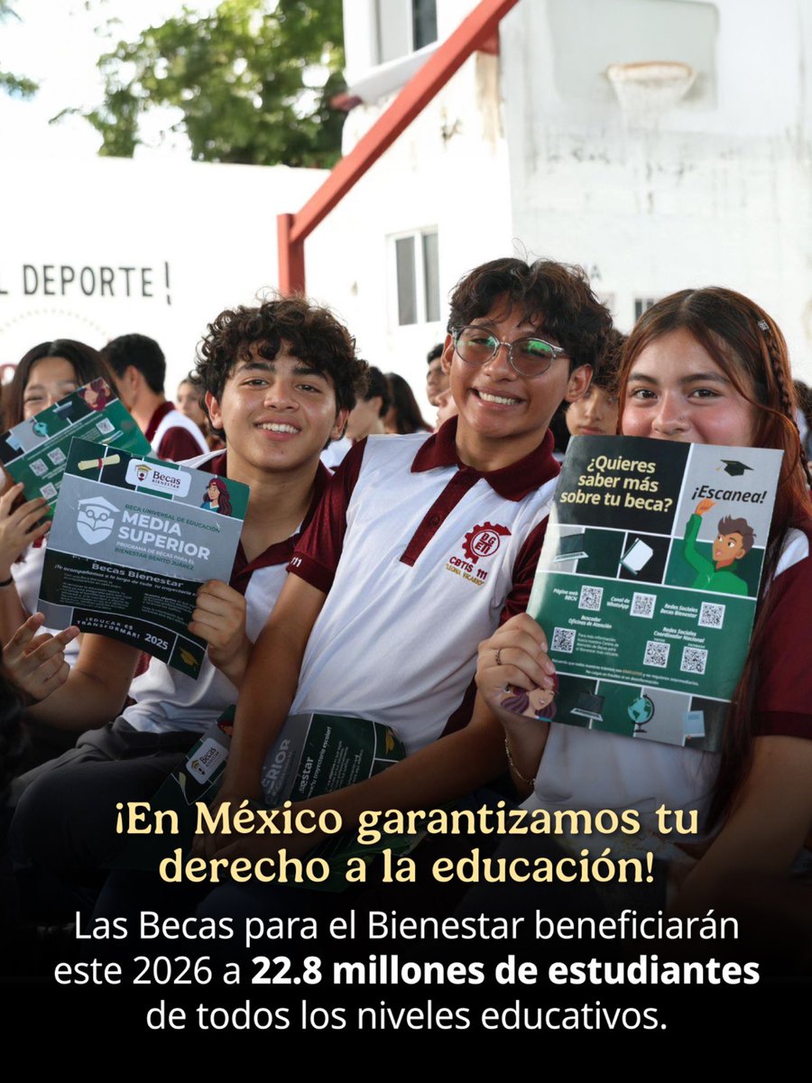 🇲🇽 En México, la educación es un derecho, no un privilegio. Por eso, en 2026 las #Becas para el Bienestar llegarán a 22.8 millones de estudiantes de todos los niveles. 💵✅

Es un abrazo de la presidenta <a href="/Claudiashein/">Claudia Sheinbaum Pardo</a> a las familias, para que ninguna niña, niño, adolescente o