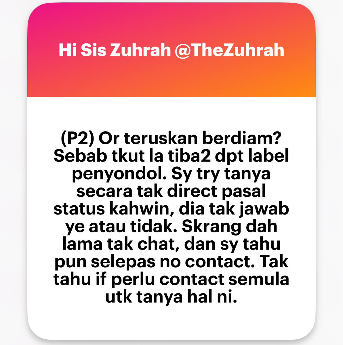 zuhrahx's tweet photo. Kenal2, tapi cut off sebab tak serasi. Lepas tu ternampak gambar kawin dia 10 tahun lepas. Kena reach out untuk tanya ke?
IMo tak perlu. What for?
You pun memang taknak dia.
Jangan takut kena judge dengan orang, takutlah kena judge dengan Allah.
#AskLadies https://t.co/lweeL0mgri