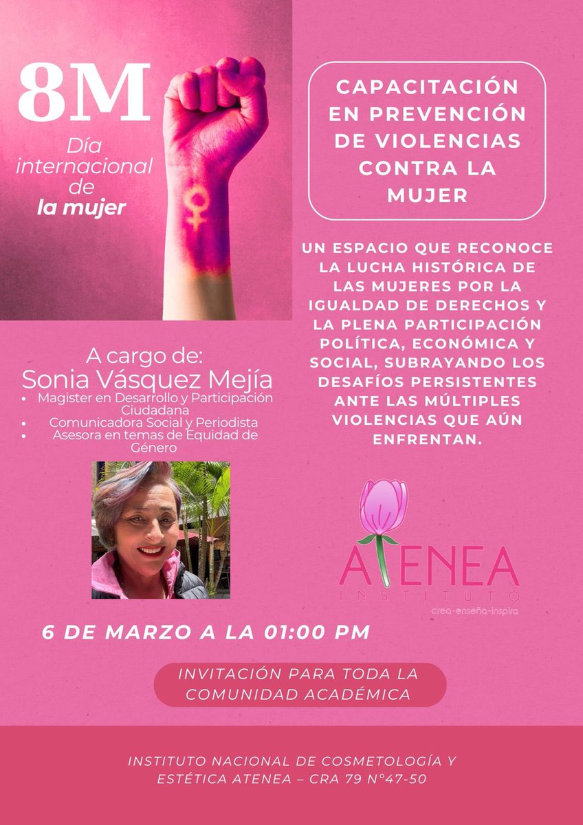 En <a href="/Atenea_Estetica/">Instituto Atenea</a>  estamos comprometidos con prevenir y erradicar la #ViolenciaContraLaMujer. 6 de marzo 1:00 pm. Súper invitadas! #8M #Mujeres #Capacitación 👇