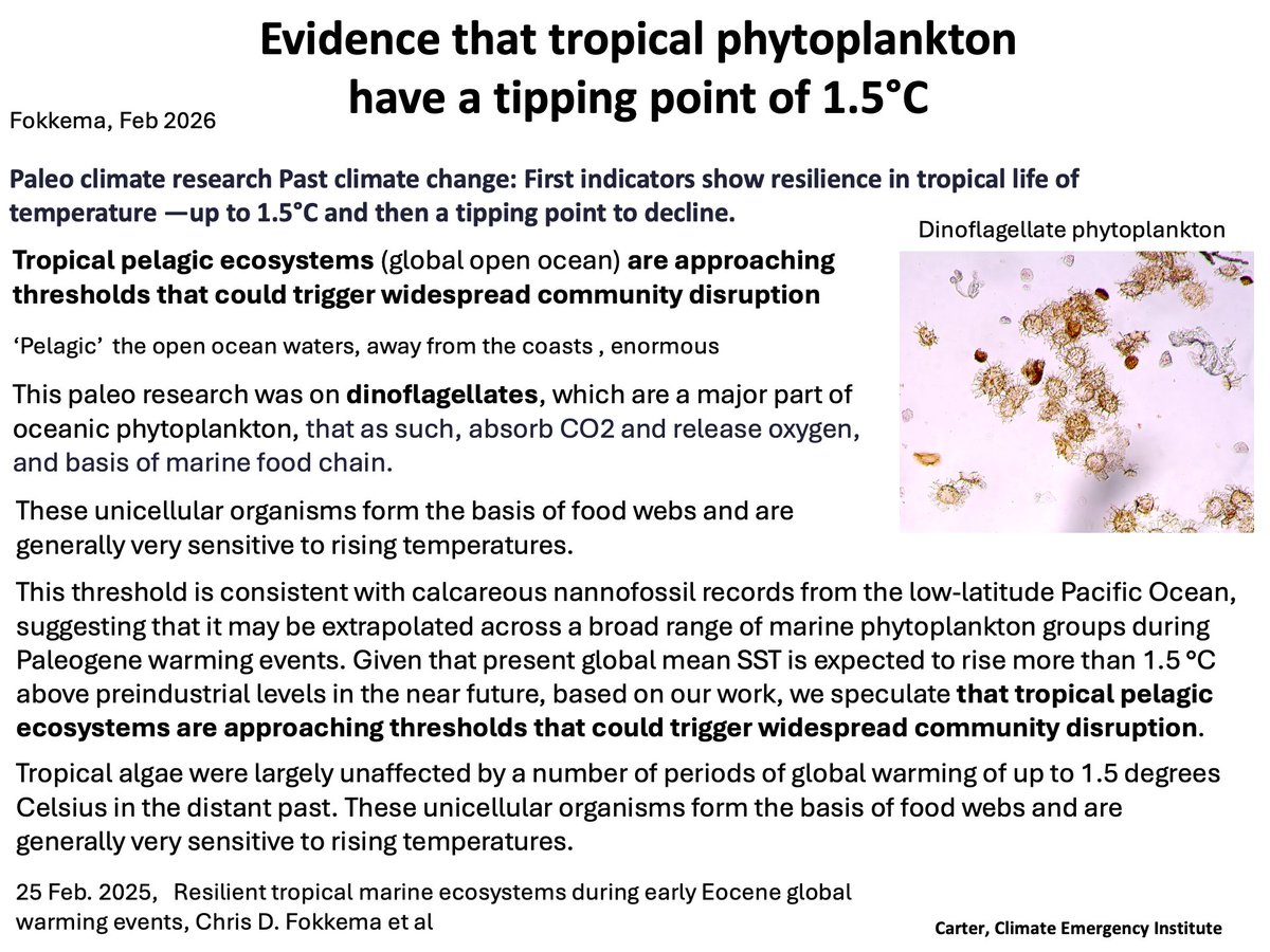 PCarterClimate's tweet image. TROPICAL PHYTOPLANKTON 1.5°C TIPPING POINT
Paleoclimate research on dynoflaggelates found resilience to 1.5°C tipping point. As phytoplankton they are part of the marine food chain base, and of CO2 uptake.  
Terrible carbon sink implications. pubs.geoscienceworld.org/gsa/geology/ar….