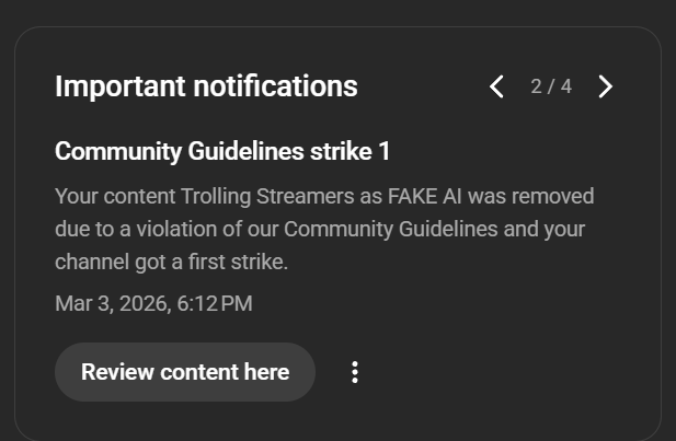 RobTipsTV's tweet photo. @KreekCraft @TeamYouTube I was hoping to get the 100k plaque this year, but it looks like a third strike is more near.

Thanks for crushing my dreams and hopes @TeamYouTube https://t.co/VvzH2FDik5