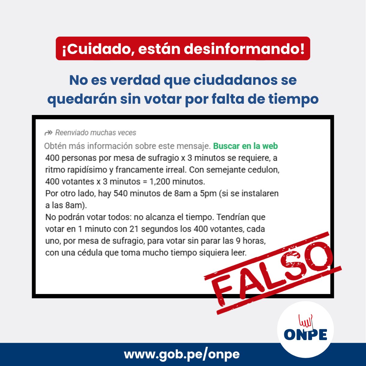 #ONPEchequea Es FALSO que los ciudadanos no puedan votar por exceso de electores en mesa y falta de tiempo. Según la Ley Orgánica de Elecciones, el número máximo de ciudadanos por mesa es de 300, lo que garantiza que todos voten sin inconvenientes en las #EleccionesGenerales2026.