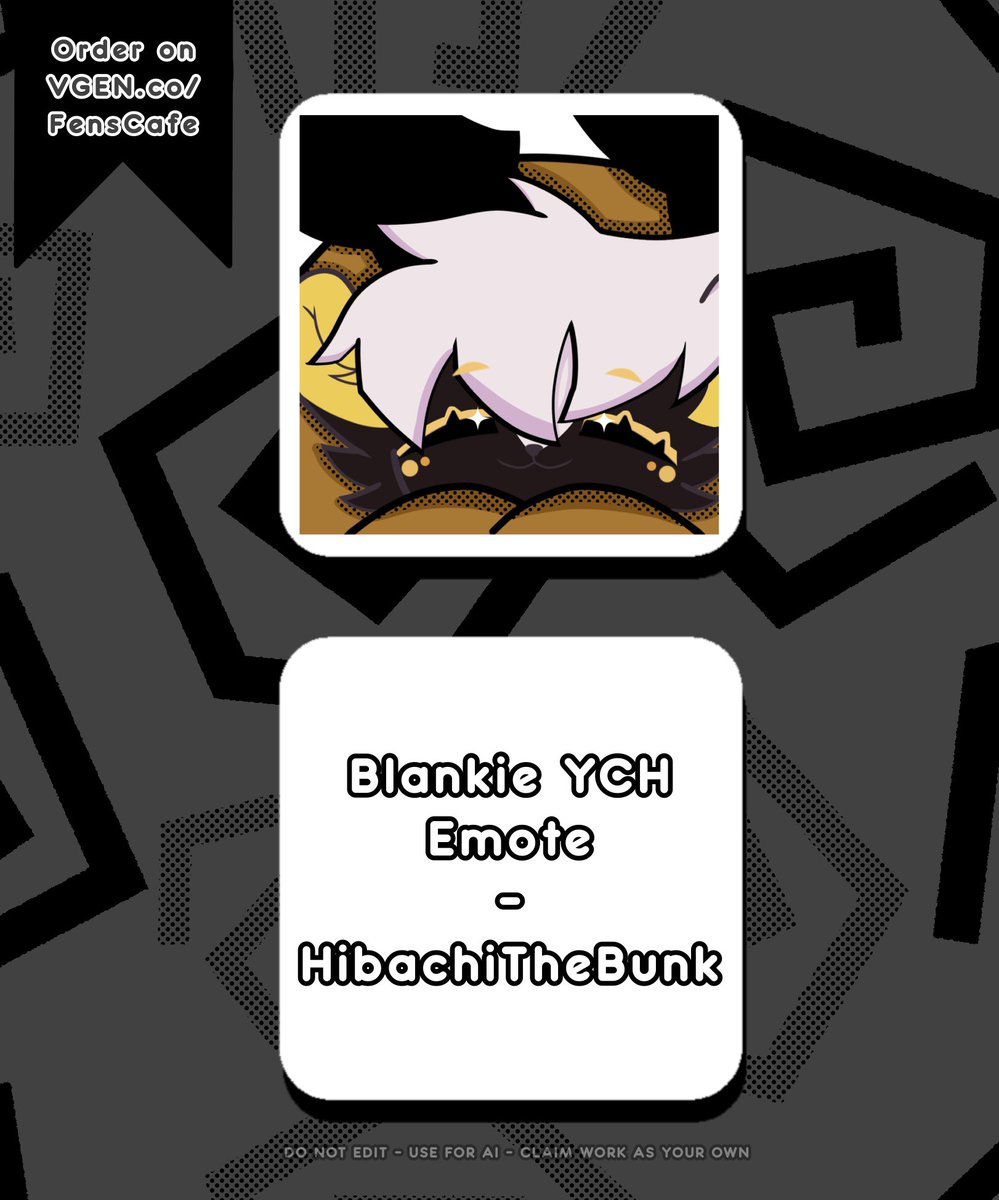 FensCafe's tweet photo. Blankie YCH Emote for Hibachi the bunk on VGEN

Wanna order a blankie ych emote for 7$?
Place your order in my bio!  

#Emote #VGenComm #Commission https://t.co/t6jyVeb0kx