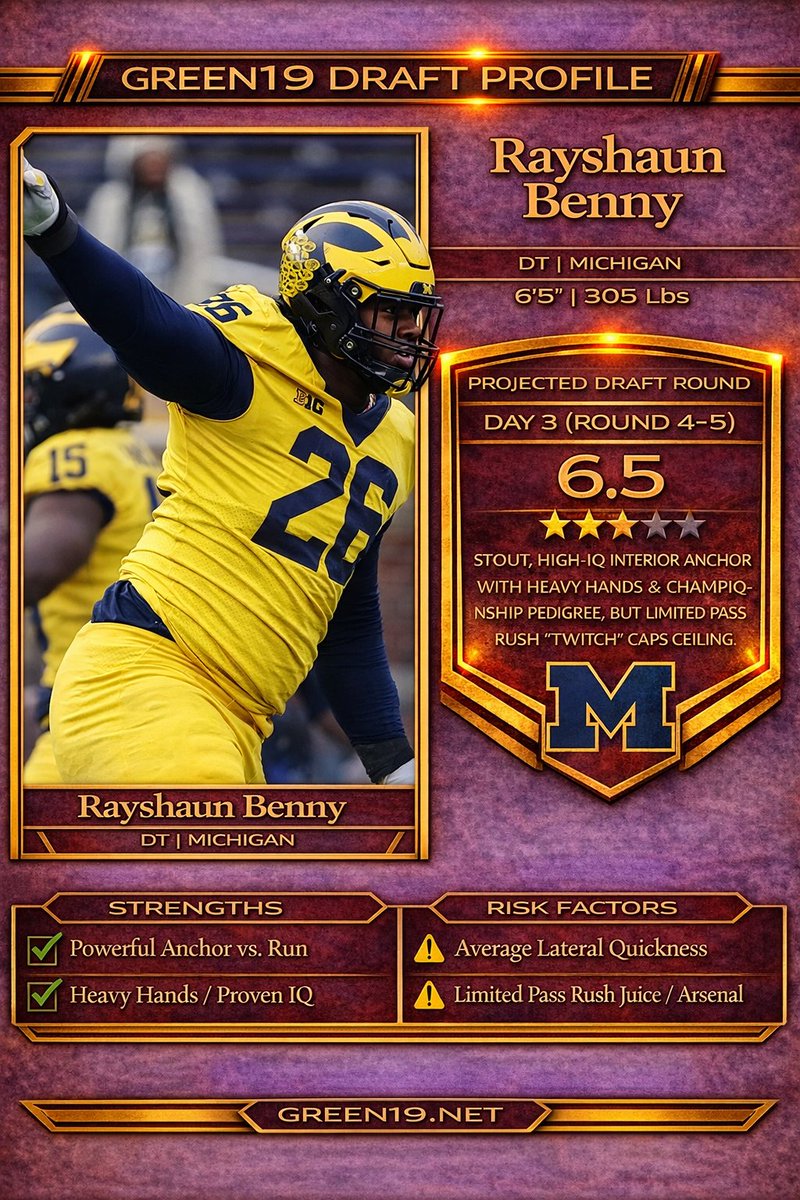 Rayshaun Benny 2026 Draft Profile: Stout, High-IQ Interior Anchor with "Heavy Hands" &amp; Championship Pedigree, but Limited Pass-Rush Twitch Caps Ceiling; Outlook as Reliable Rotational DT in Odd Fronts

#NFLDraft #NFL #Draft 
#Michigan 

green19.net/news/rayshaun-…