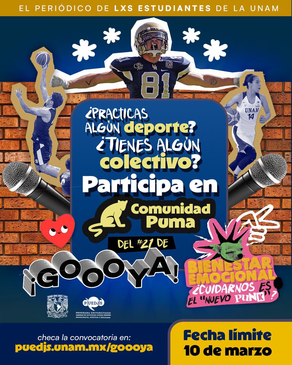 ¿Formas parte de una colectiva, grupo musical, taller artístico o equipo deportivo? 💙 

Participa en nuestra sección de Comunidad Puma, donde podrás expresar tus sentires y vivencias formando parte de la comunidad universitaria ✨: puedjs.unam.mx/goooya/partici…