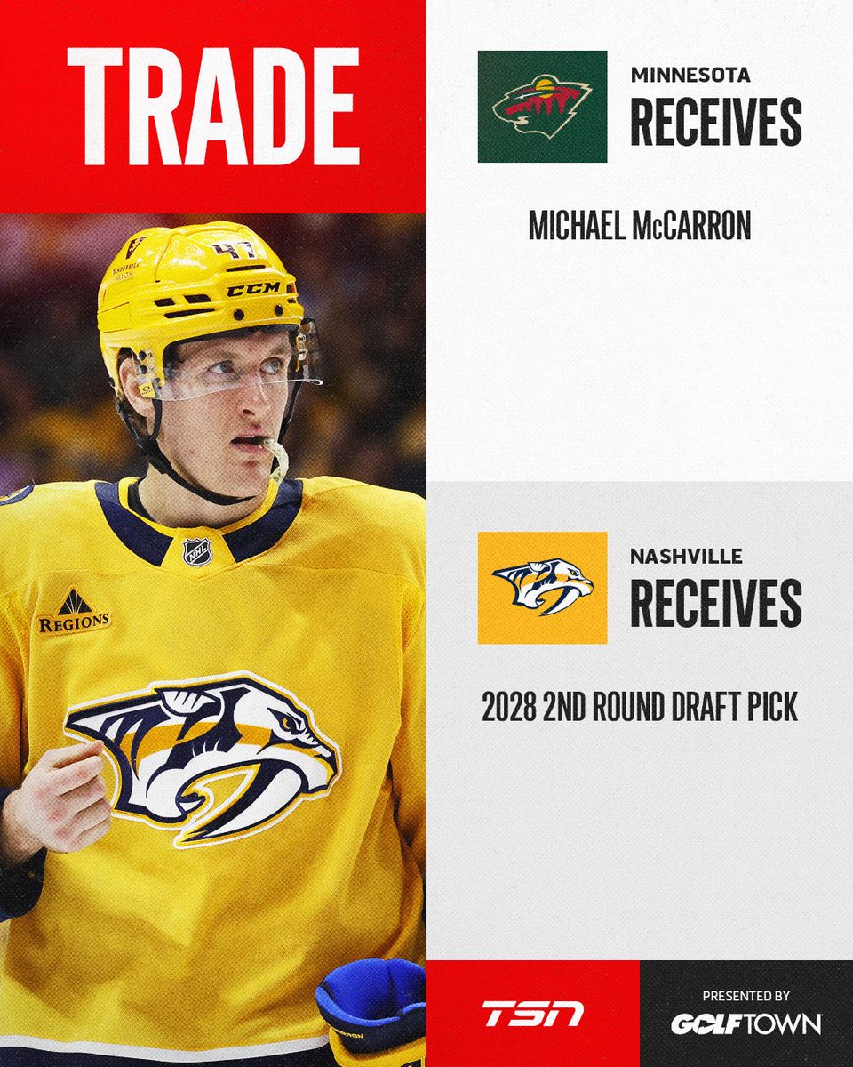 The Minnesota Wild have acquired F Michael McCarron from the Nashville Predators for a 2028 second round pick, the team confirmed.

#TradeCentre <a href="/GolfTown/">Golf Town</a>