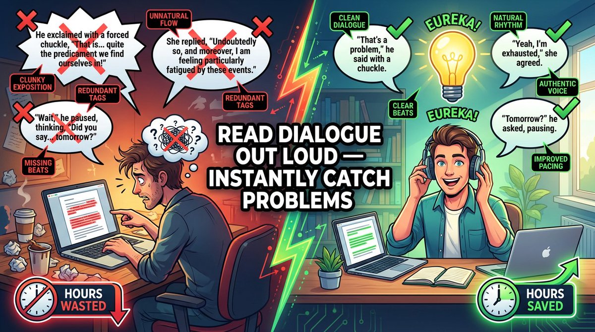 tobellwrites's tweet photo. Indie authors: One editing trick that saves hours, read your dialogue OUT LOUD.  
It exposes awkward phrasing, unnatural flow &amp; missing beats instantly. Try it now.
Your favorite dialogue test? 😊  
DM NOW for editing/formatting help.  
#amwriting #WritingCommunity #IndieAuthor https://t.co/vcoZiaISt2