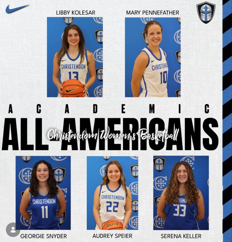 Here's to the 5⃣ Academic All-Americans on the Christendom Lady Crusaders Basketball team.  These young ladies know the title "student-athlete" has the word 'student' first for a reason!  Congratulations!!  <a href="/ChristendomVA/">Christendom College</a>