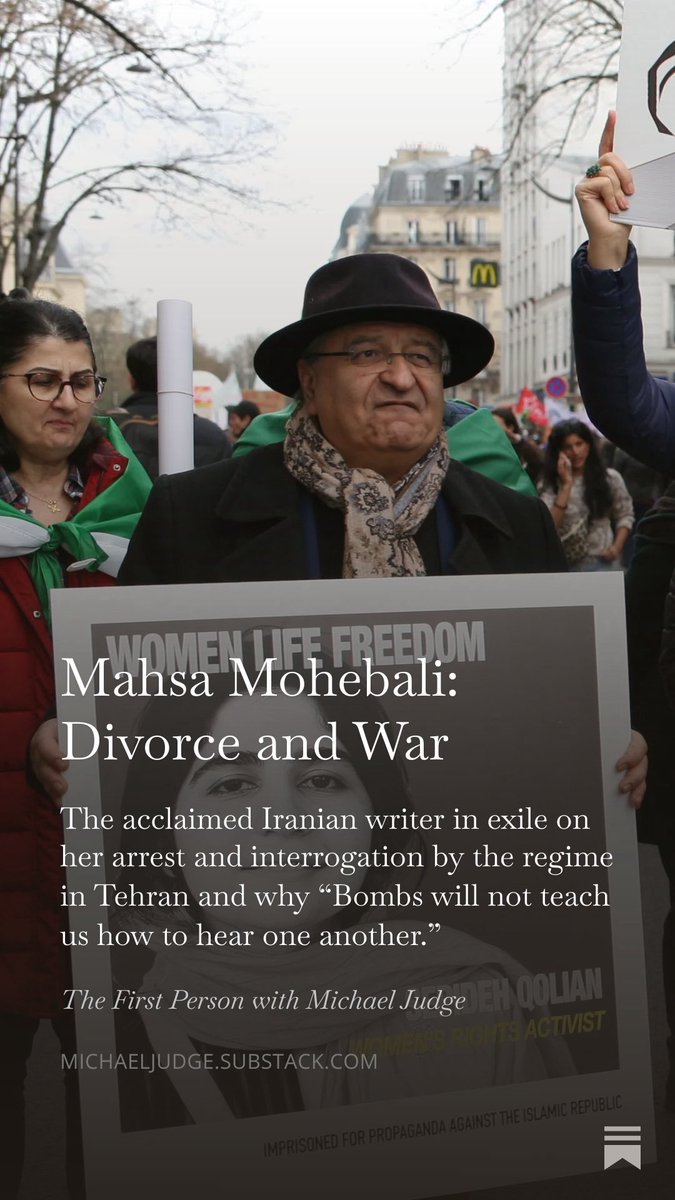 MJUDGE_TFP's tweet image. As the #IranWar continues, I’m honored to publish this brilliant #essay by @mahsamohebali Mahsa Mohebali, the acclaimed #novelist and Iranian #writer in exile, on why “Bombs will not teach us how to hear one another.” michaeljudge.substack.com/p/mahsa-moheba…