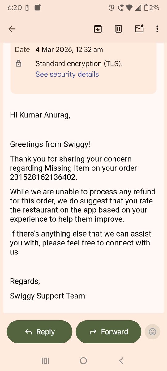 anuragasitis's tweet photo. @SwiggyCares @Swiggy See this.
Reply  from Swiggy!

Thank you for sharing your concern regarding Missing Item on your order 231528162136402.
While we are unable to process any refund for this order, we do suggest that you rate the restaurant on the app based on your experience to help them improve. https://t.co/8XxHKsOkXl