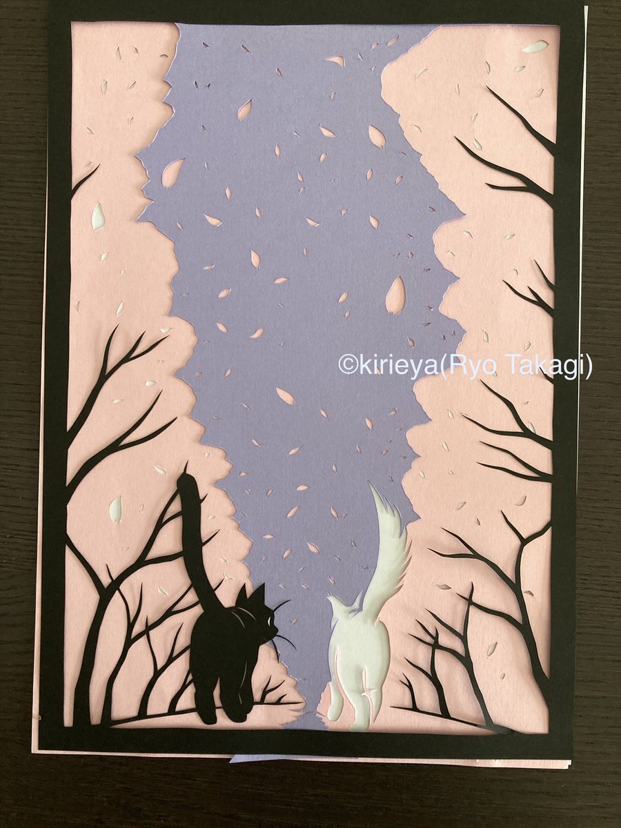 見本できた「花道」。 #今日はカルチャーの日 #切り絵 #ねこ #桜