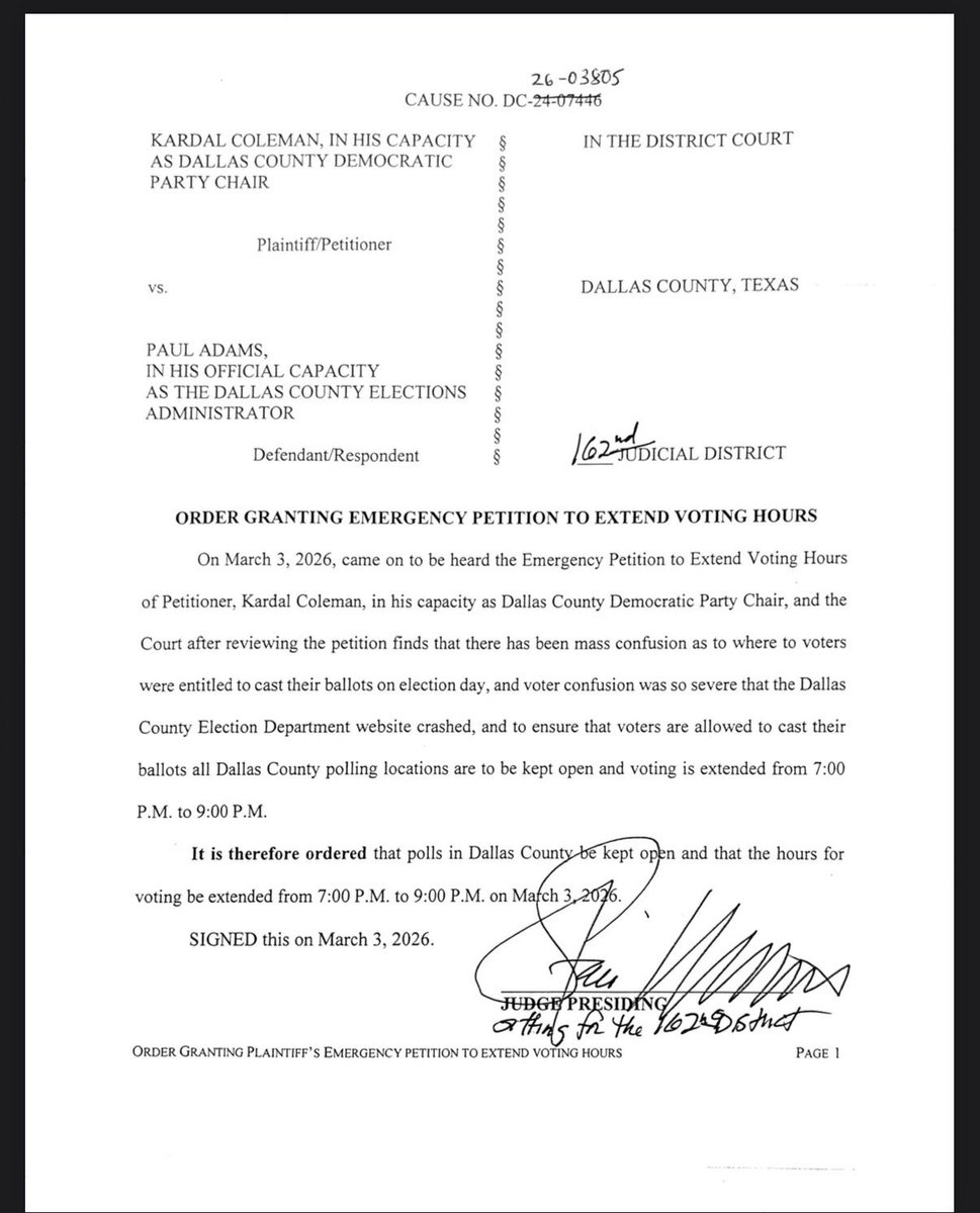 Ramos4Texas's tweet image. 🚨 Voting hours have been extended until 9pm today in Dallas county!

Try to be in line to vote at your precinct by 7pm to lessen the change that your ballot will be challenged.  Visit txdem.co/dallas2026 to find your polling precinct location. #txlege #VOTE
