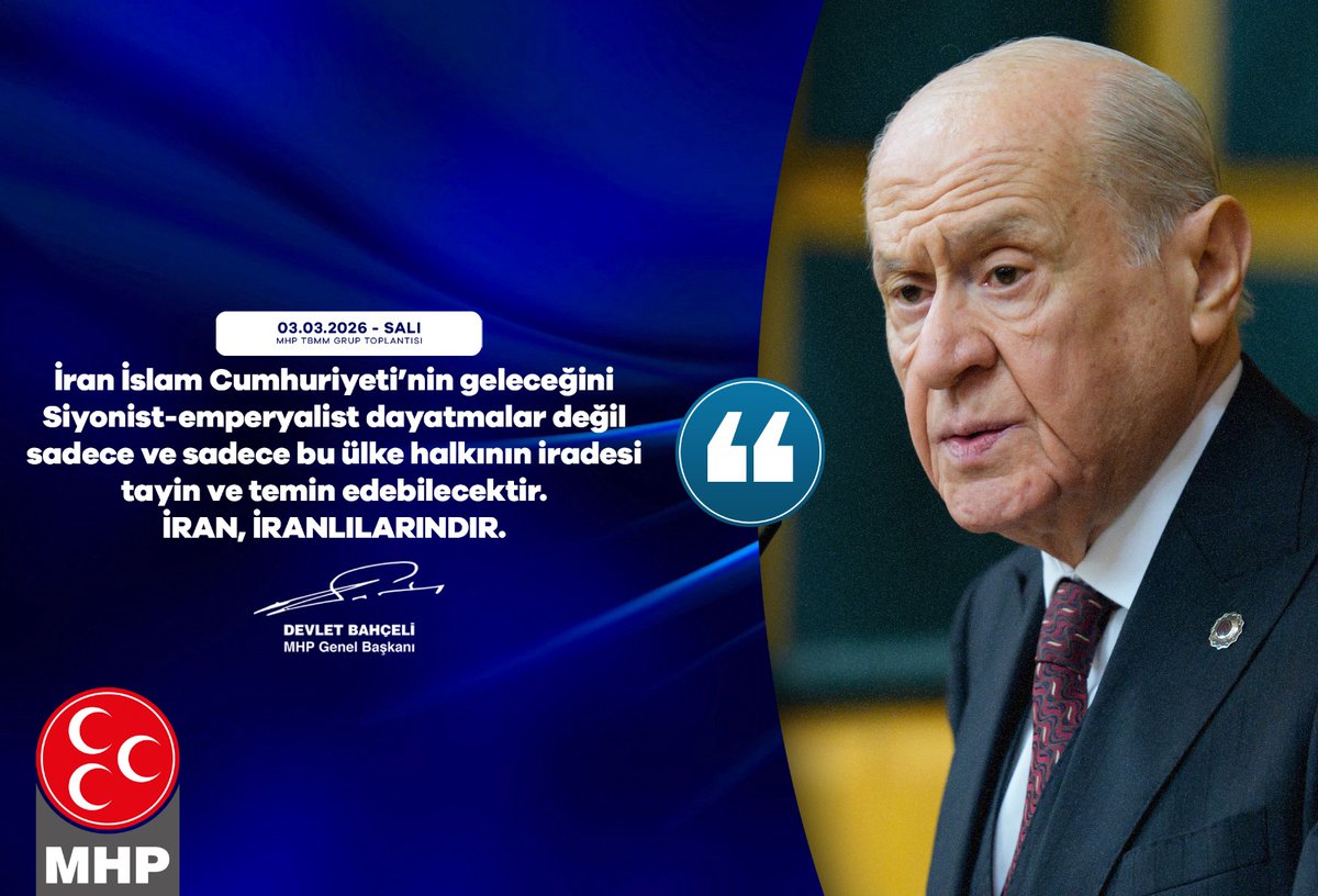 İran İslam Cumhuriyeti’nin geleceğini Siyonist-emperyalist dayatmalar değil sadece ve sadece bu ülke halkının iradesi tayin ve temin edebilecektir.
İran, İranlılarındır.

MHP Genel Başkanı
Devlet BAHÇELİ